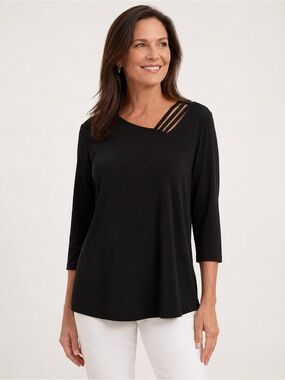 Chico’s Travelers Size 3 Black Slinky Tunic Top Asymmetry Cut Out Neck Blouse XL